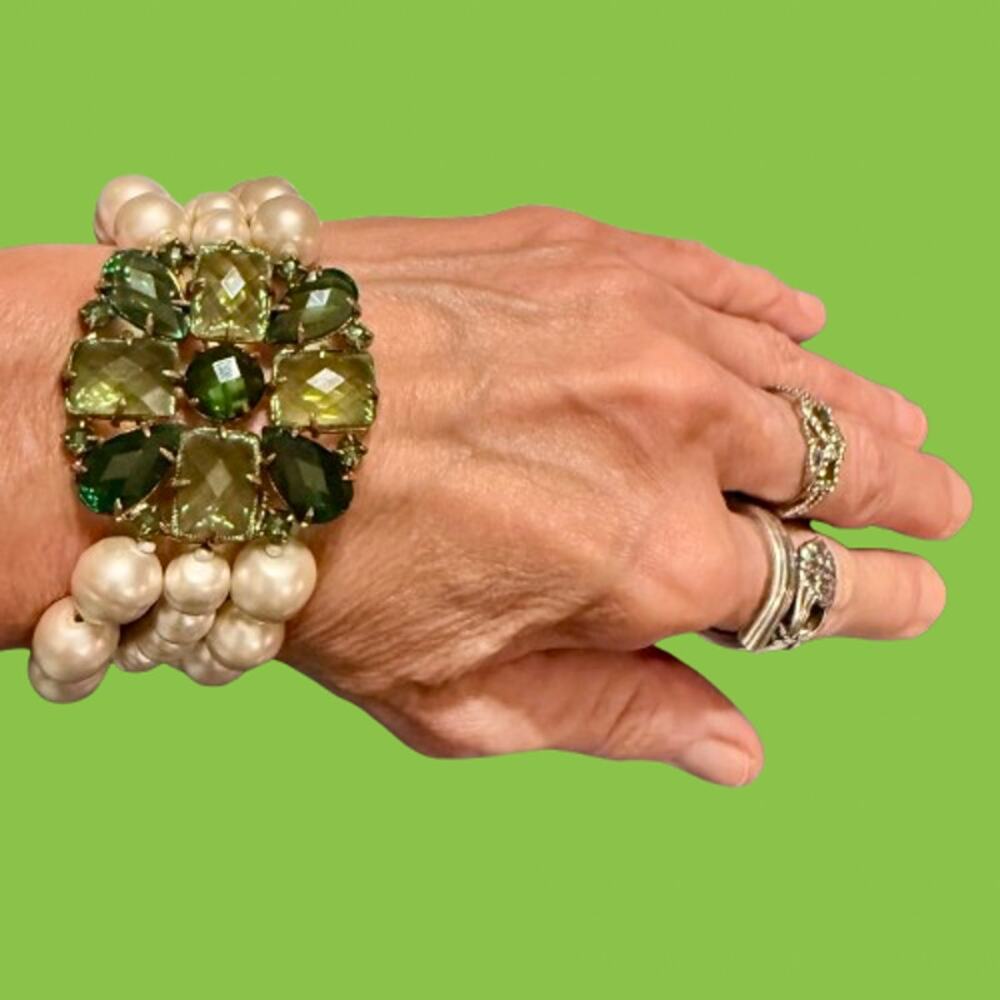 Vintage Green Rhinestone Multi-Strand Faux Pearl Bracelet
